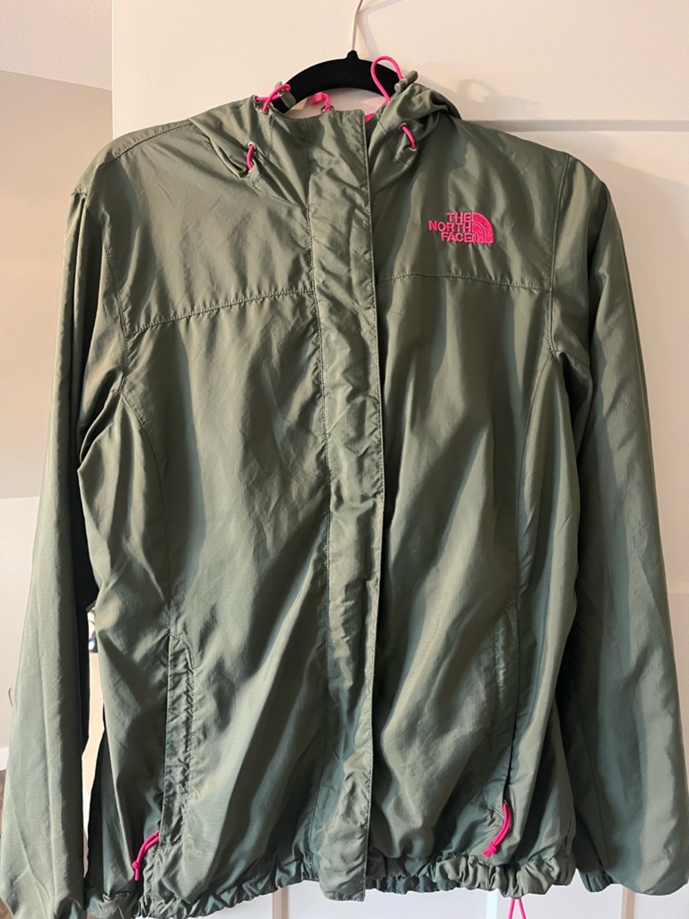The North Face Olive Green Hooded Jacket with Pink Trim